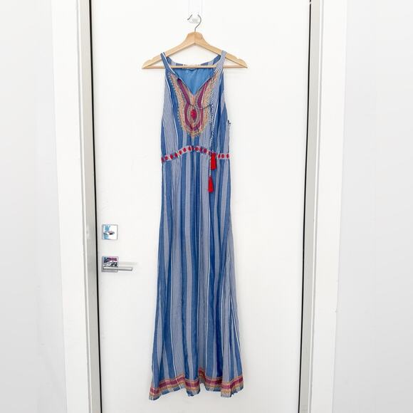 Thml Bohemian Embroidered Blue Striped Maxi Dress - Picture 2 of 6